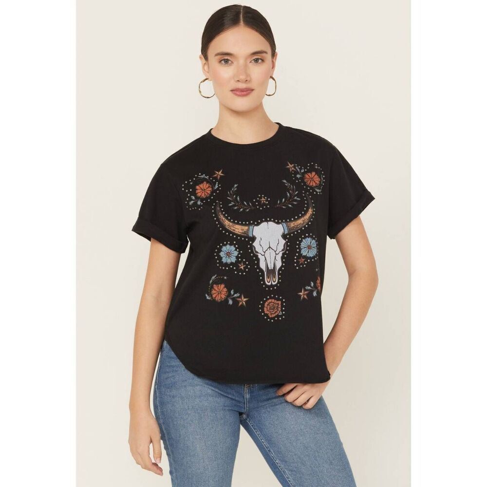 Idyllwind Studded Embellished Bull Skull Black Graphic Tee Medium Western Cowgir